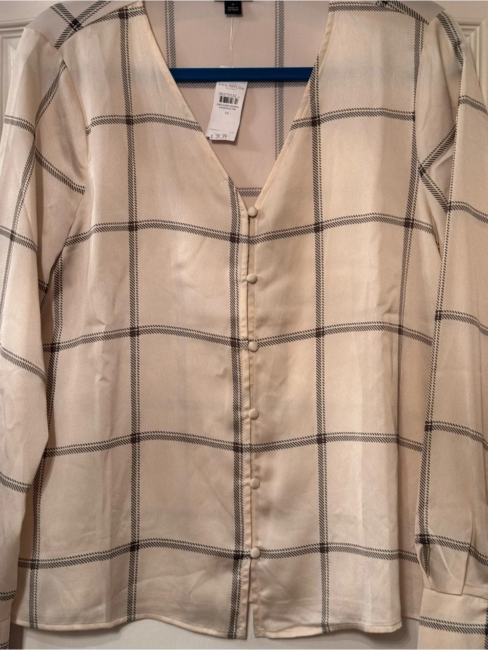 New ! Ann Taylor Cream Button-Front Windowpane Blouse